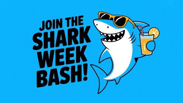 Enjoy the fun with a minimalist cartoon shark wearing sunglasses at a poolside bash. Shark Awareness Day and Shark Week