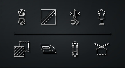 Set line Yarn, Textile fabric roll, Mannequin, Safety pin, Electric iron, Knitting needles and Scissors icon. Vector