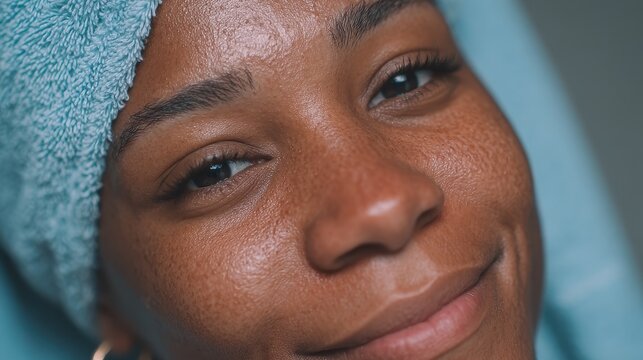 Dark-skinned woman smiling in a blue towel after a refreshing skin treatment at a wellness center. National Minority Donor Awareness Week and Day