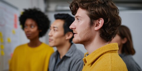 Diverse young adults in collaborative team meeting focused on creative solutions