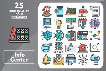 Info Center Line Filled Icon Set. Incleded Icons Info Center Location, Question Mark, Siren, Graph, Notification Bell, Mail, Printer, Share. Vector Icons Collection
