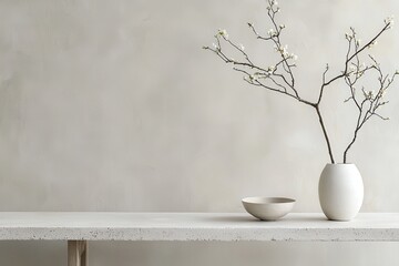 Contemporary dining room concept. A minimalist table with a vase and branch against a textured wall.