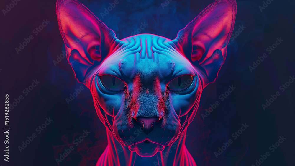 Poster this virtual projection of a cat showcases glowing features in a surreal, ambient atmosphere.