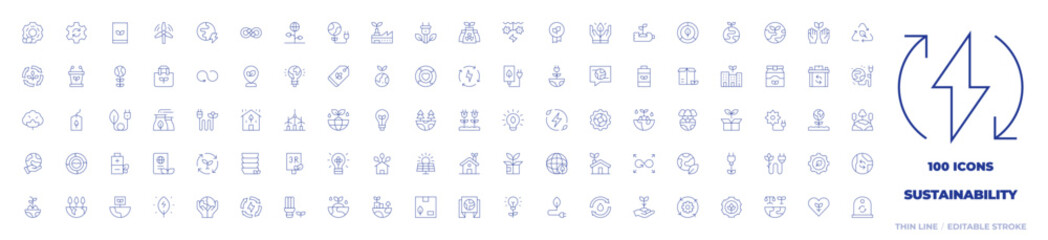 100 Sustainability Icons Collection. Thin line icon. Editable stroke. world, wind turbine, green energy, recycling, reusable, eco battery, signaling, windmill, tag, water energy, package, shopping bag