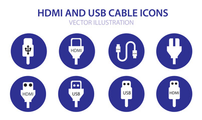 Assorted HDMI and USB cable vector icons, . HDMI and USB Cable Black and White, Electric Power Plug Icons. computer icons, VECTOR ILLUSTRATION
