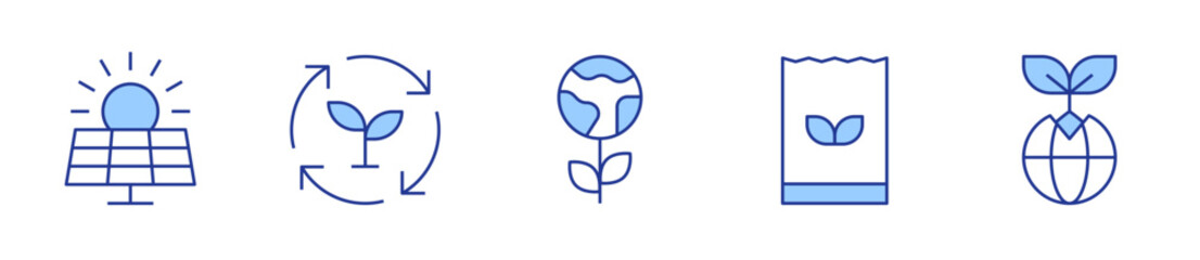 solar panel, shopping bag, sustainability, earth, green planet. Sustainability Icon vector illustration. Line Duotone style. Editable stroke