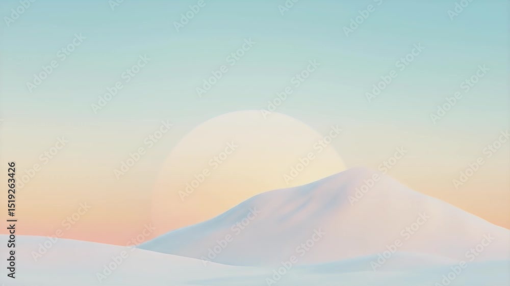 Poster パステルカラーの空と雪山と太陽のミニマルな風景 冬の静寂と平和を表現した抽象的な背景画像