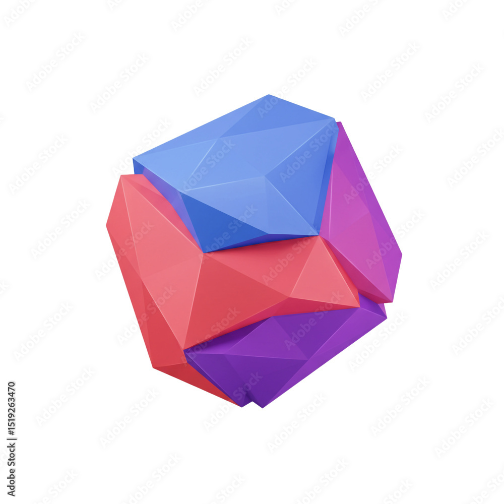 Poster abstract 3d geometric shape with colorful facets, modern design element on white background