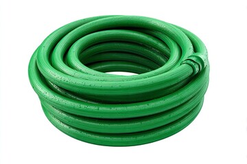 Fresh coiled green garden hose ready for spring watering promising vibrant blooms against a white
