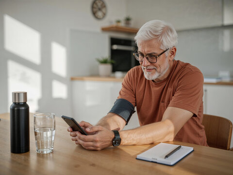 Senior man checking blood pressure with smartphone at table with water and notebook