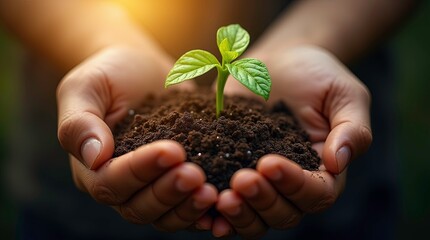 small plant growing in human hand in sunlight, 3D render