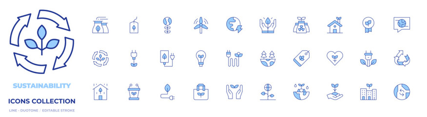 Sustainability icons collection. Line Duotone style, editable stroke. sustainability, sustainable, world, windmill, earth, ecology, green energy, eco house, badge, speech bubble, factory, responsible
