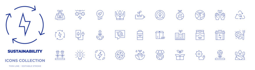 Sustainability icons collection. Thin Line icons, editable stroke. green energy, recycling, reusable, water energy, package, renewable energy, eco battery, ecologism, light bulb, ecology