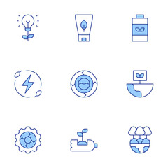 Sustainability icons set. Line Duotone style, editable stroke. innovation, eco packaging, eco battery, green energy, sustainable, environment, sustain, recycling, ecology