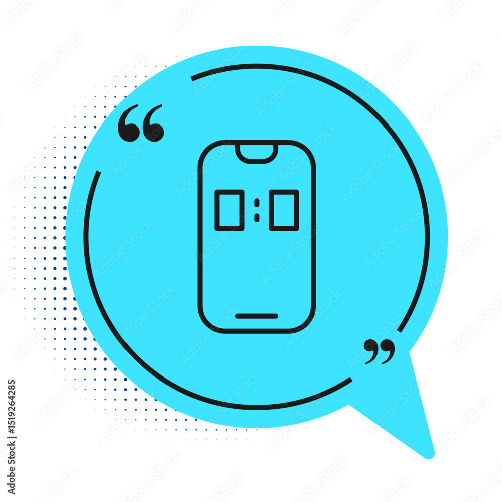 Poster black line alarm clock app smartphone interface icon isolated on white background. blue speech bubbl