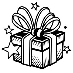 Hand drawn present with big bow and stars