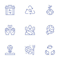 Sustainability icons set. Thin Line style, editable stroke. reusable, ecologism, planet earth, eco, green planet, green energy, sprout, hand, biodegradable