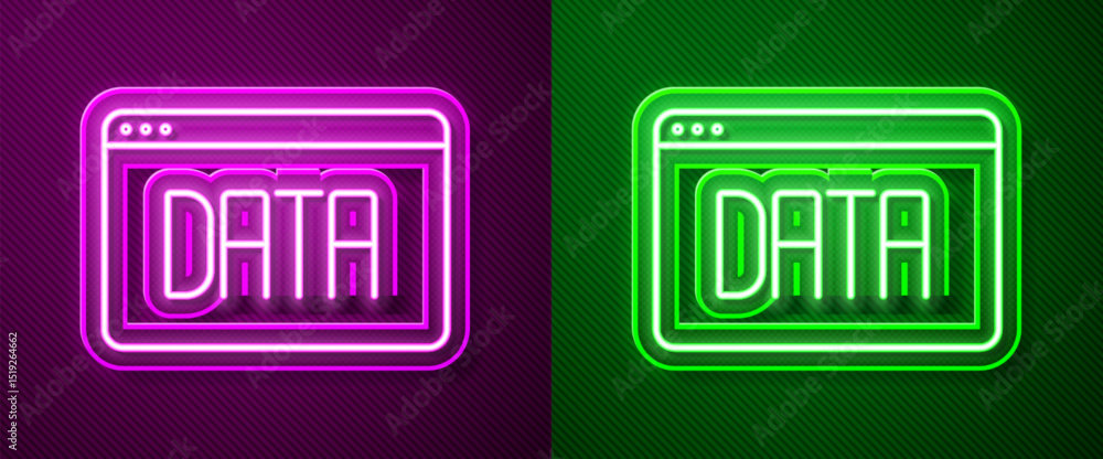 Poster glowing neon line data analysis icon isolated on purple and green background. business data analysis