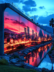 Fototapeta premium Stunning sunset cityscape reflected in a tranquil canal, artfully displayed on a large urban wall. Vibrant colors and captivating twilight ambiance create a breathtaking scene.