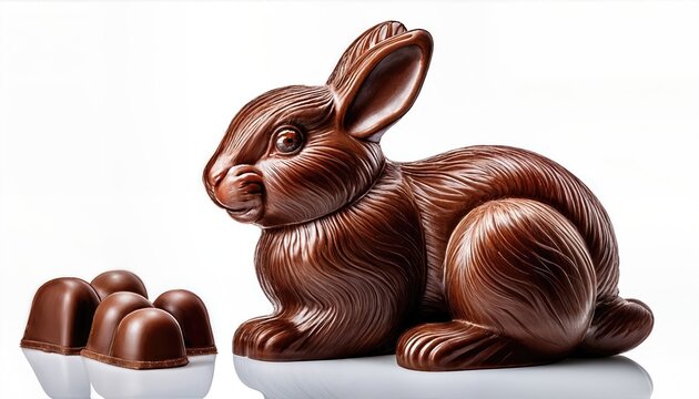 Whimsical Milk Chocolate Rabbit Floating in a Dreamy Transparent Realm, Invoking a Sweet Delight with Textural Details and Playful Aesthetic.