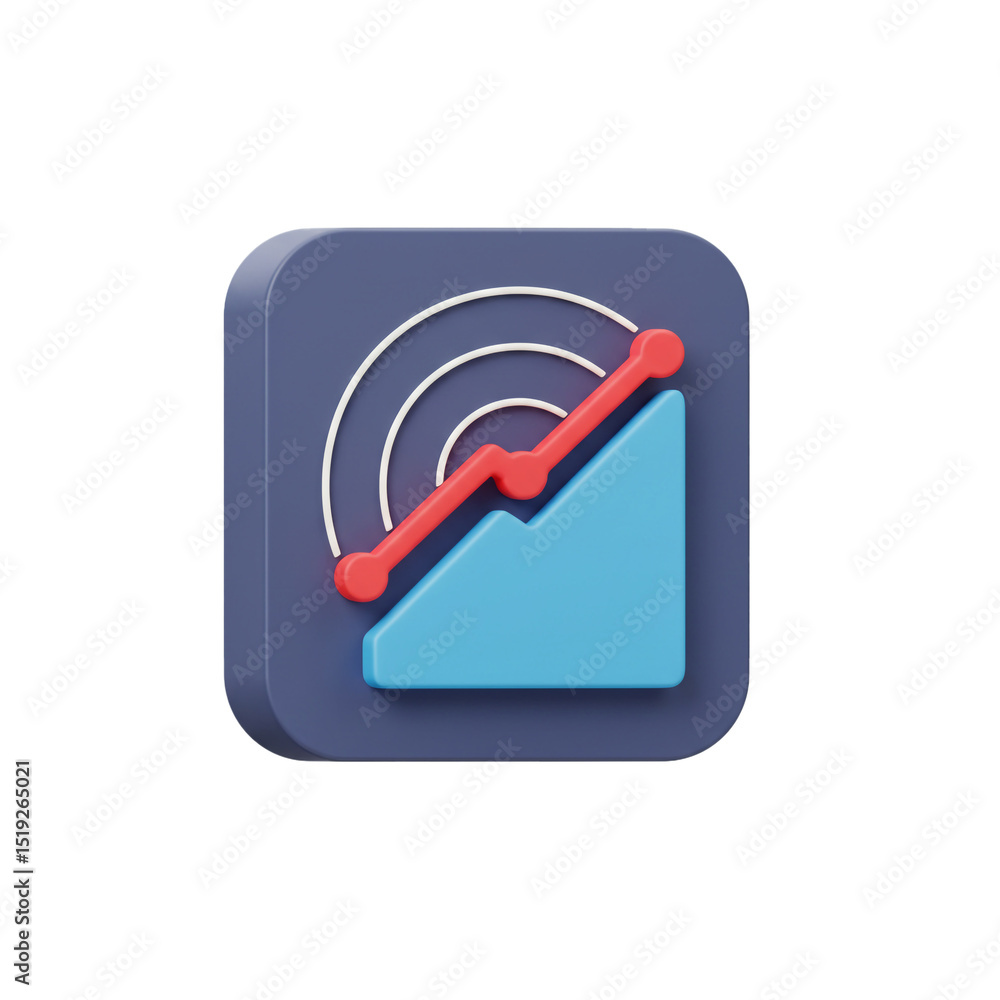 Poster 3d rendering of a financial growth chart and circular targeting icon on a square backdrop