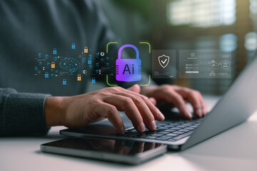 AI Cybersecurity concept showing artificial intelligence protecting digital data with lock icons, representing data encryption, secure access, machine learning, and network security systems.