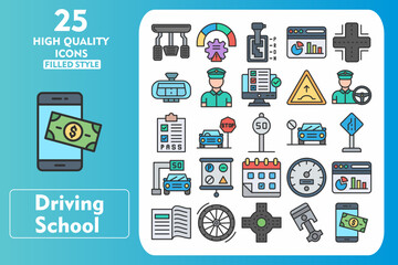 Driving School Line Filled Icon Set. Incleded Icons Car Pedals, Risk, Automatic Transmission, Dashboard, Road, Rearview, Driver, Testing. Vector Icons Collection