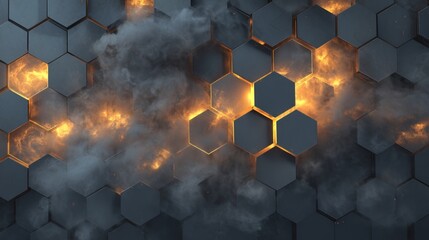 Abstract Glowing Hexagon Wall Pattern With Fire And Smoke