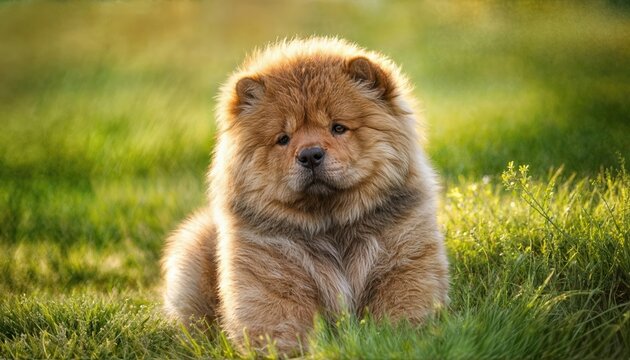 Adorable Chow Chow Puppy Lounging in Lush Green Grass Field, Capturing the Joy and Playfulness of Youthful Energy with a Peaceful Rural Aura.