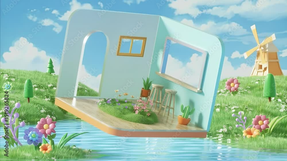 Poster 緑の牧草地の上の水色の部屋の3dレンダリング青い空と雲と風車素朴な田園風景穏やかな夏の日静けさのシーン