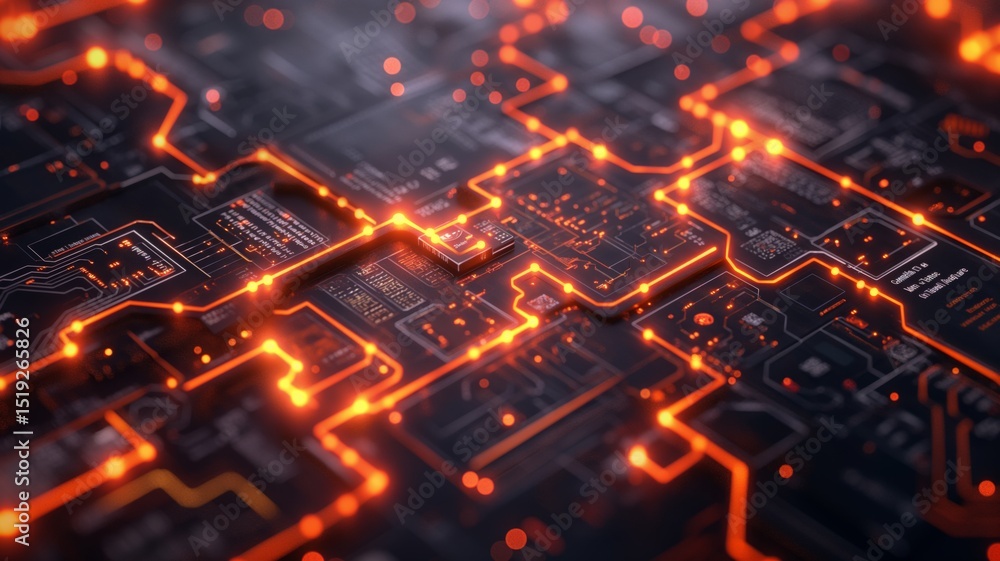Poster visual representation of ai cloud storage technology showcasing intricate circuit patterns and glowi