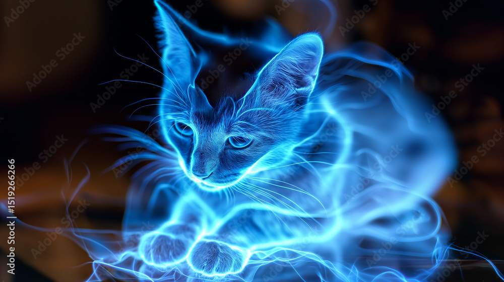 Poster this digital hologram of a cat glows softly, creating a futuristic pet companion experience.