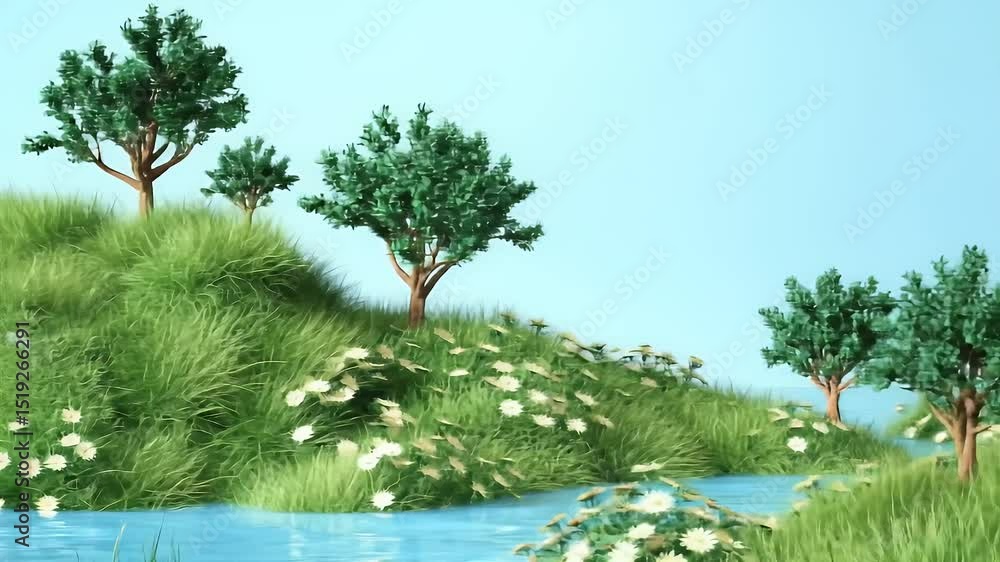 Poster 緑の丘に咲く白い花と青い川の穏やかな風景 晴れた日の自然と平和な背景 3dイラスト