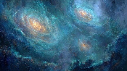 Artistic depiction of a teal and blue nebula with swirling galaxies and bright yellow centers