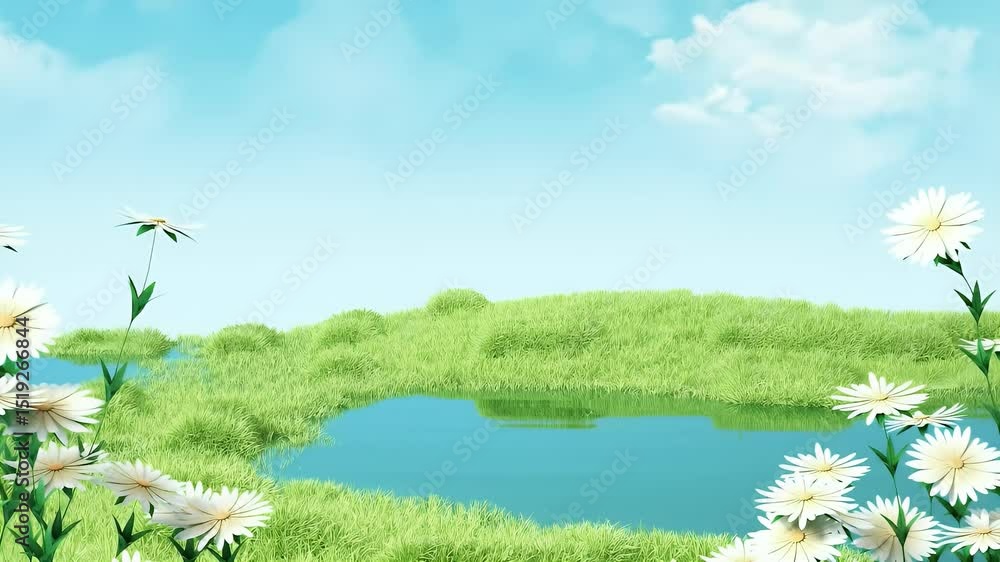 Poster 晴れた日の緑の牧草地と池、白い花が咲き乱れる穏やかな風景の3dレンダリング