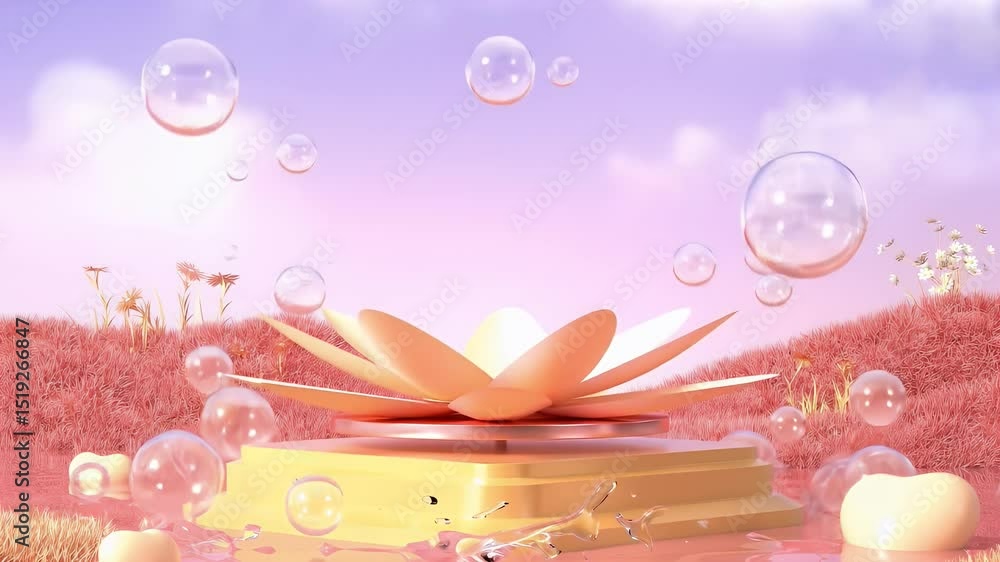 Poster 桃色の背景に蓮の花の台座と浮かぶ泡 3Dレンダリングによる背景デザイン 抽象的で装飾的な要素 ソフトなパステルカラーとグラデーションが夢のような雰囲気を作り出す