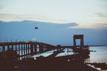 The bridges of Pamban, and rameshwaram island connecting to mainland, road bridge, railway bridge, rameshwaram, ramanathapuram, tamilnadu, India, asia 