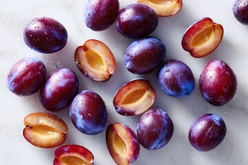 Purple plums with droplets, Sliced and whole plums flat lay, Perfect for recipes or food freshness visuals