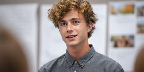 Teen caucasian male in casual shirt speaking in classroom