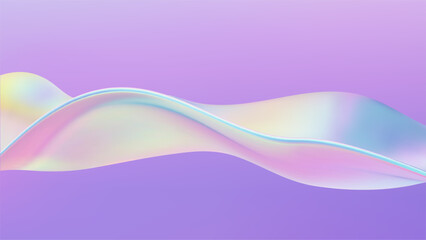 Fluid wave 3D glass ribbon. Abstract liquid background. Blue gradient holographic elements swirl with iridescent flow shapes and neon light. Bright spectral movement and colorful refraction.