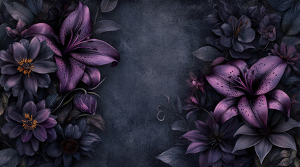 Gothic Floral Pattern with Lilies. A gothic-inspired floral pattern features vibrant purple flowers against a dark, textured background, creating a captivating and elegant design.