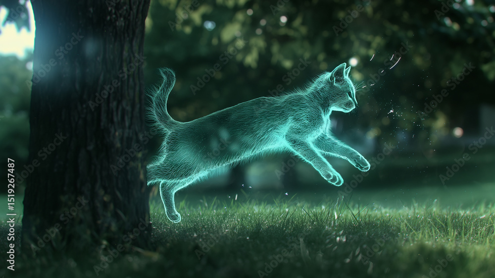 Aufkleber this floating hologram of a cat playfully leaps in a lush park filled with greenery under a clear sk