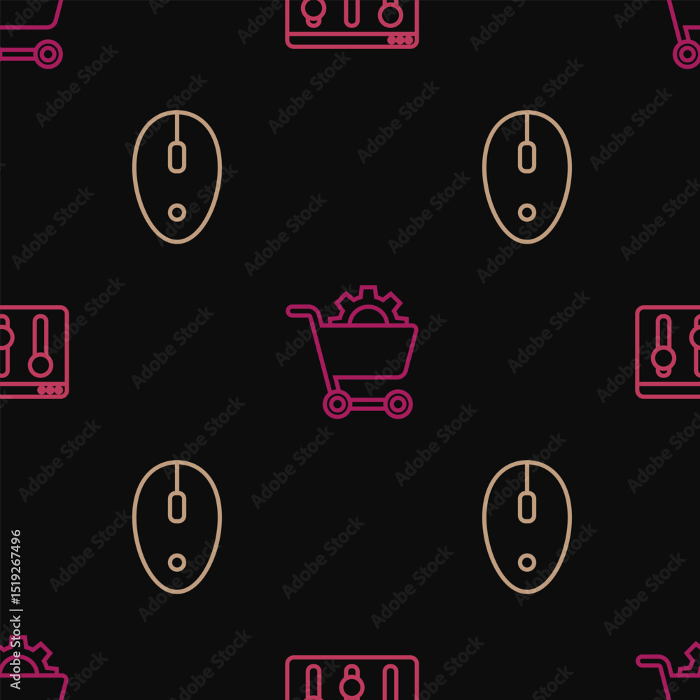 Poster set line browser setting, computer mouse and shopping cart on seamless pattern. vector