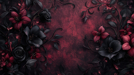 Gothic Floral Pattern. A gothic-themed floral arrangement features dark red and black flowers against a textured backdrop, creating a dramatic and romantic display.