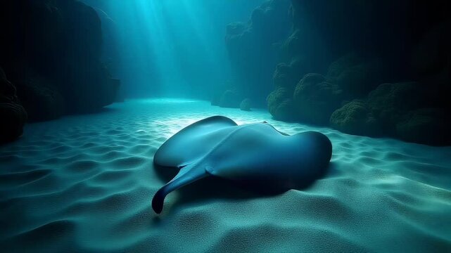 majestic manta ray swimming calmly along sandy ocean floor in deep underwater cave
