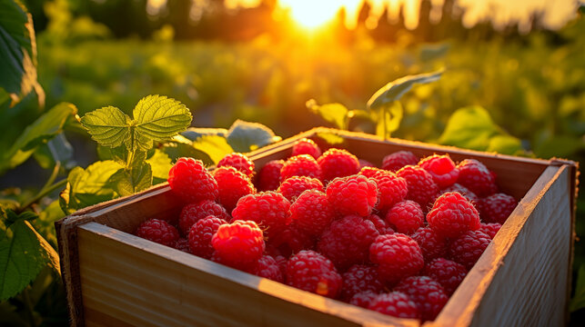 Ripe Raspberries in Wooden Crate Bathed in Golden Light: Close-up of freshly picked ripe raspberries in a wooden crate, glowing in the warm, golden light of setting sun on a sunny day.