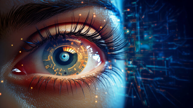 Cyber Eye: A captivating close-up showcases an eye integrated with intricate cybernetic elements, embodying the fusion of technology and human form.