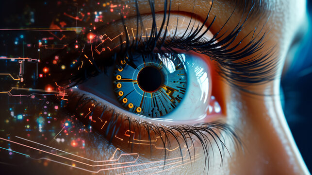 Cybernetic Eye: A close-up of a human eye overlaid with intricate circuitry and glowing digital patterns, symbolizing the intersection of technology and humanity.