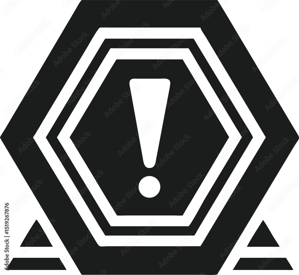 Poster futuristic warning symbol design featuring red exclamation mark and hexagon outline