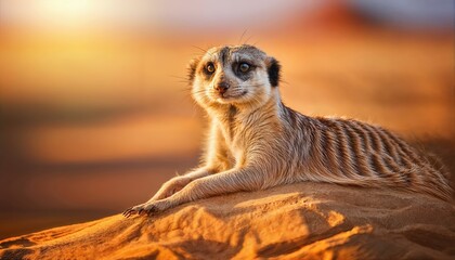 Adorable Meerkat Relaxing in the Desert Vivid Portrait of a Cute and Peaceful Creature Basking Amidst Golden Sand Dunes, Underneath Azure Skies.